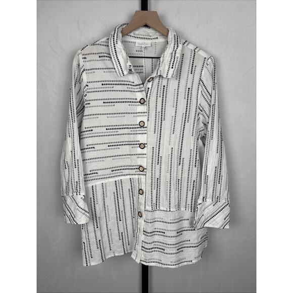 Habitat Button Down Shirt Women's Medium White Cotton Block Pattern Boho Artsy - Picture 1 of 13